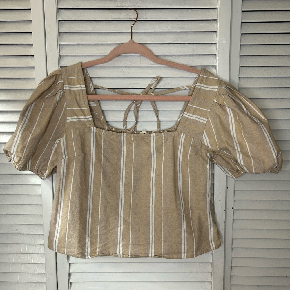 Promesa Striped Beige Square-Neck‎ Puff Sleeve Top Size M